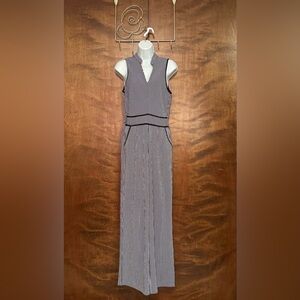 MONTEAU Sleeveless Full Length Seersucker Jumpsuit Womens M Navy & White Stripes